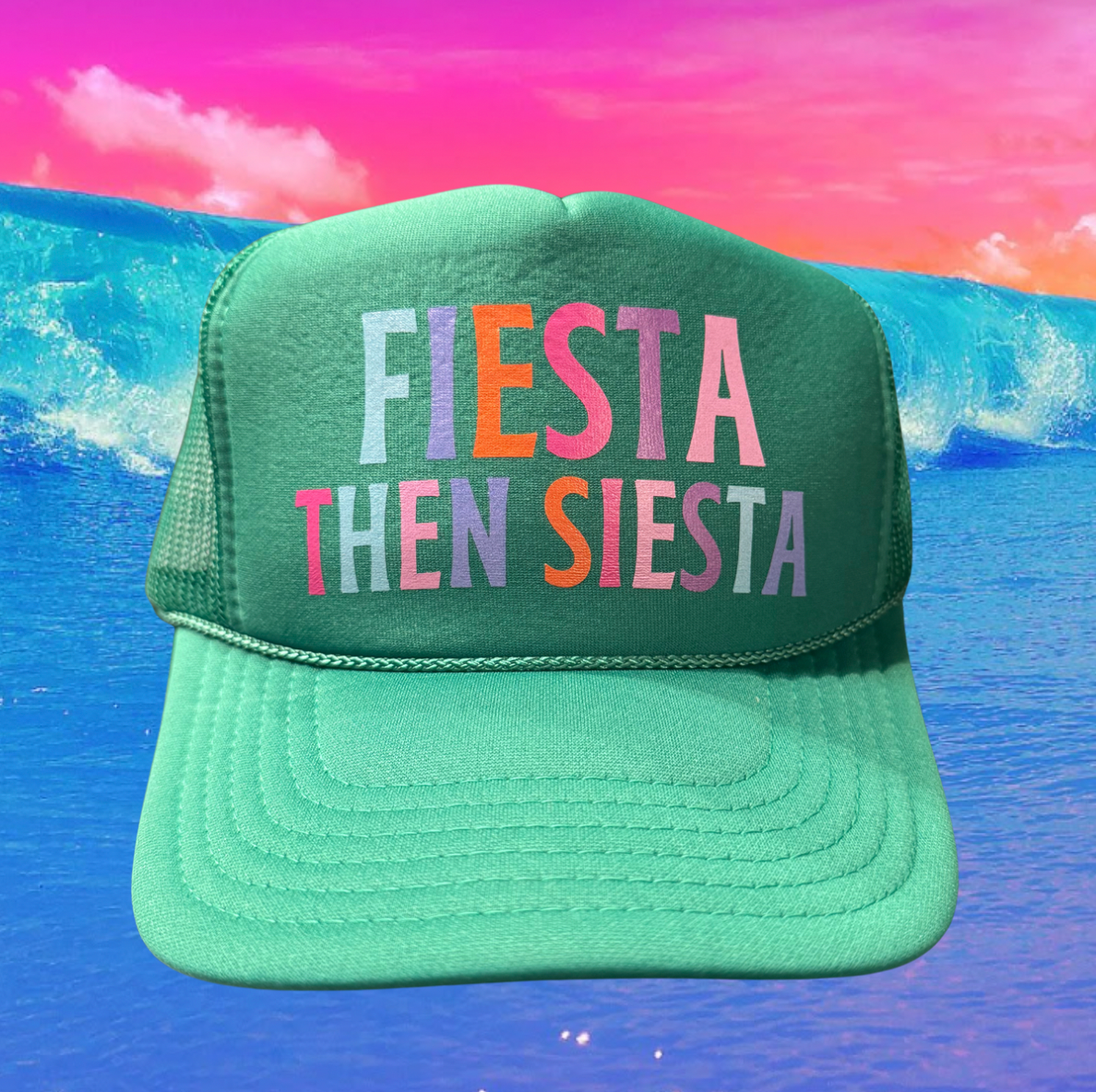 Midlifers FIESTA THEN SIESTA kelly green trucker