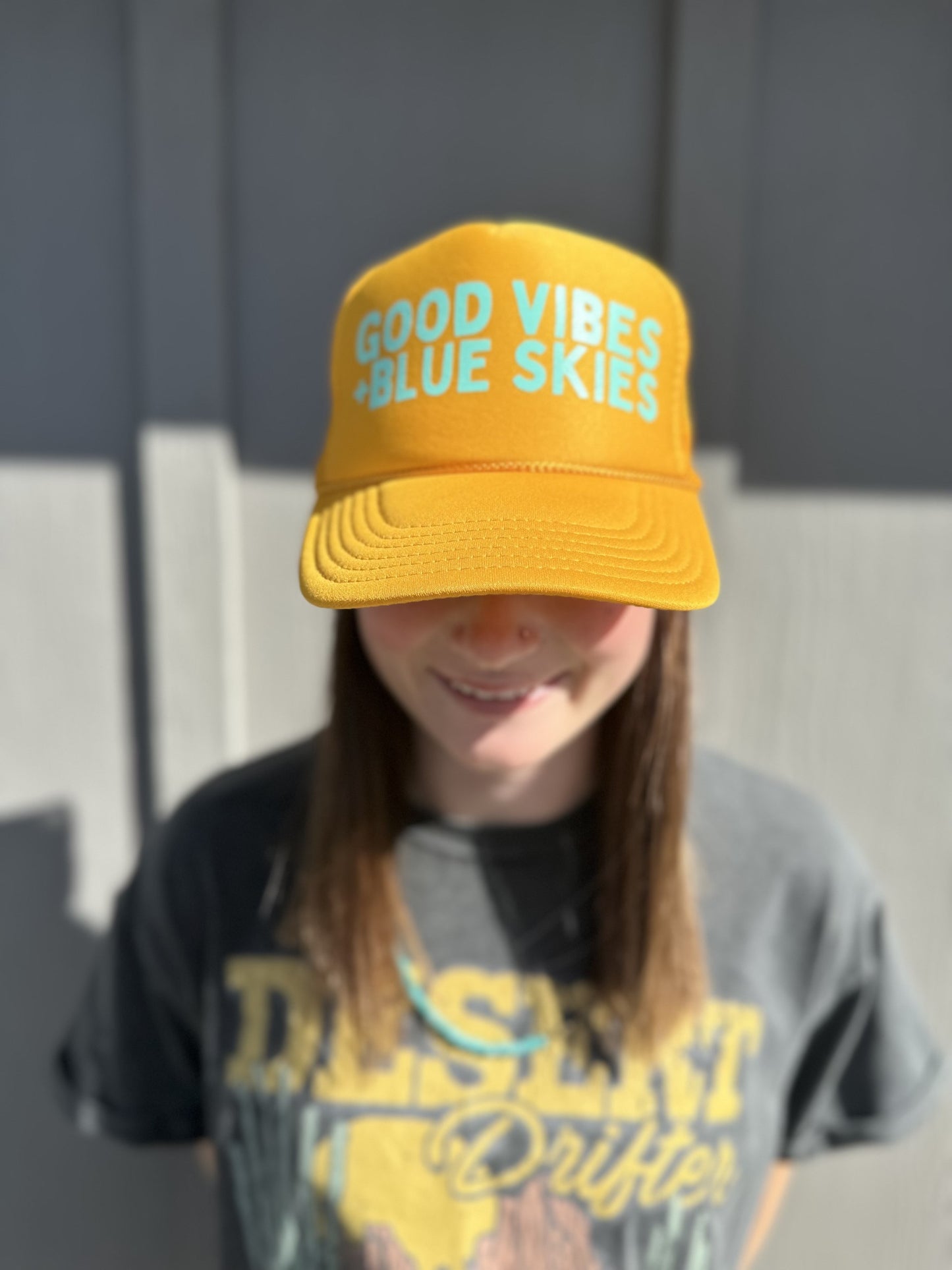 Good Vibes + Blue Skies - Yellow Trucker