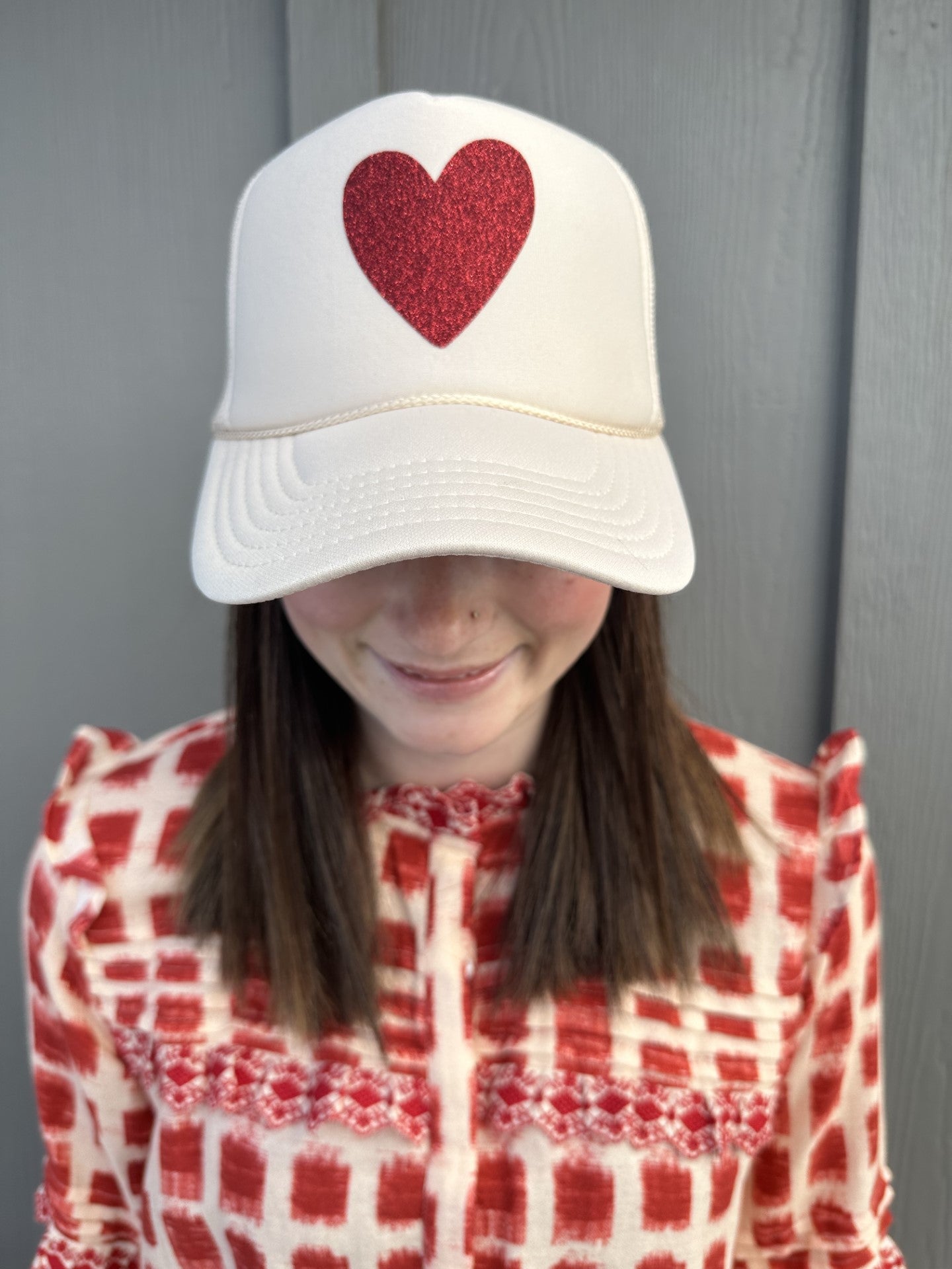 Artsy Heart - Tan Trucker w/ Red Glitter Font