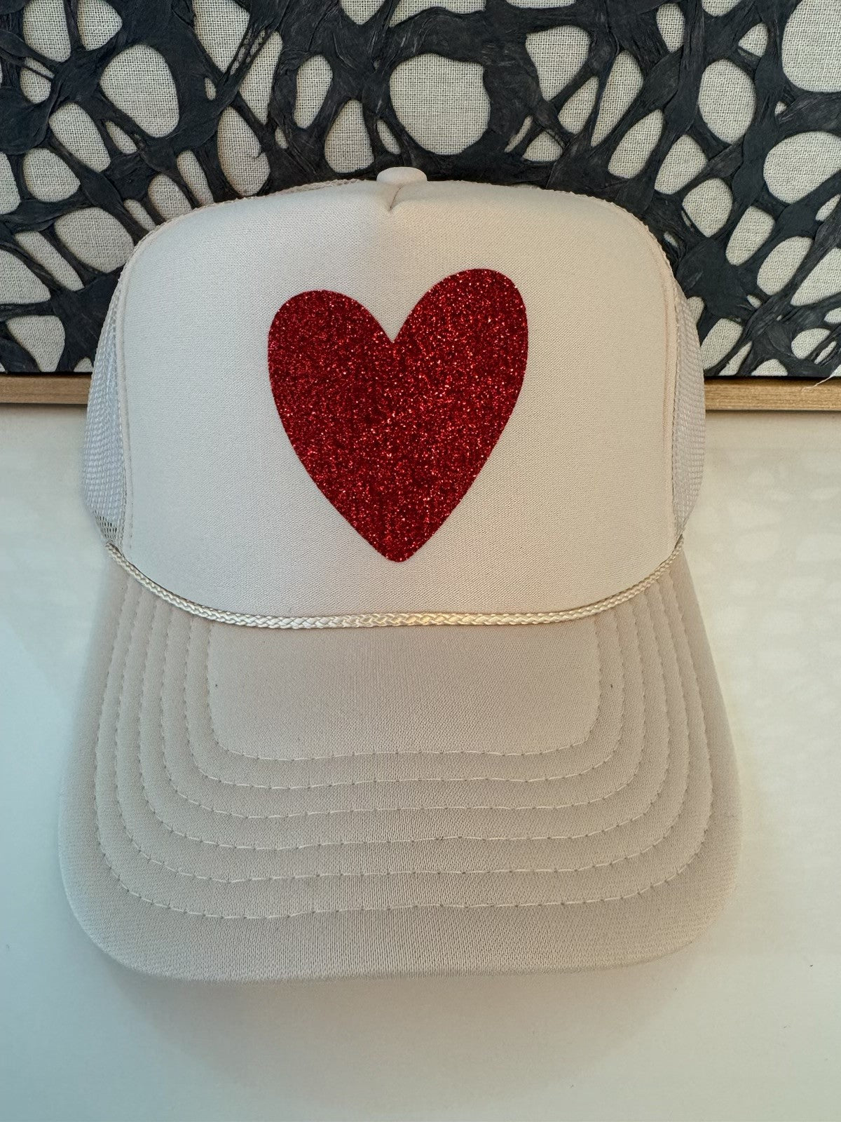 Artsy Heart - Tan Trucker w/ Red Glitter Font