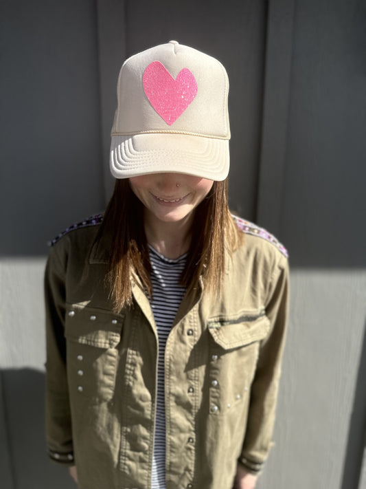 Artsy Heart - Tan Trucker w/ Pink Glitter Font