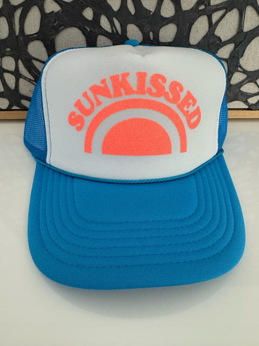 Sunkissed - Neon Blue/White Trucker W/ Tangerine Glitter Font