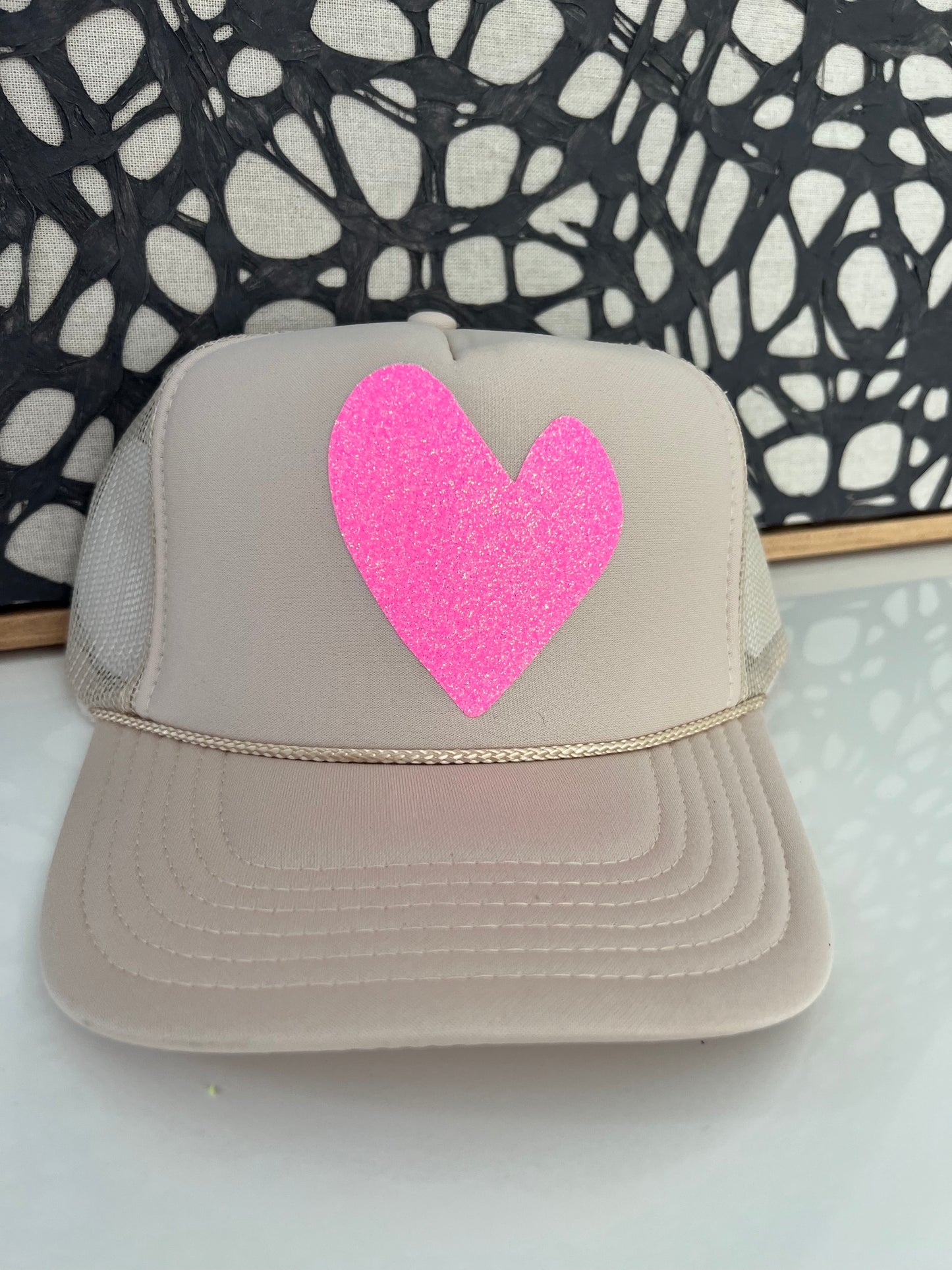 Artsy Heart - Tan Trucker w/ Pink Glitter Font